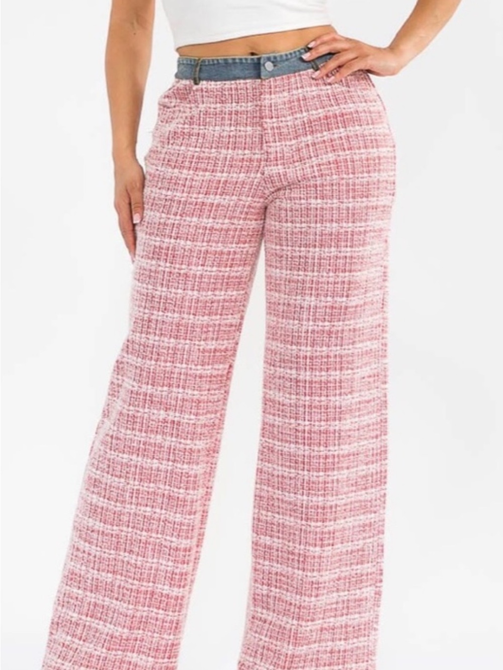 Hot & Delicious Pink Tweed Wide-Leg Pants with Contrast Waistband
